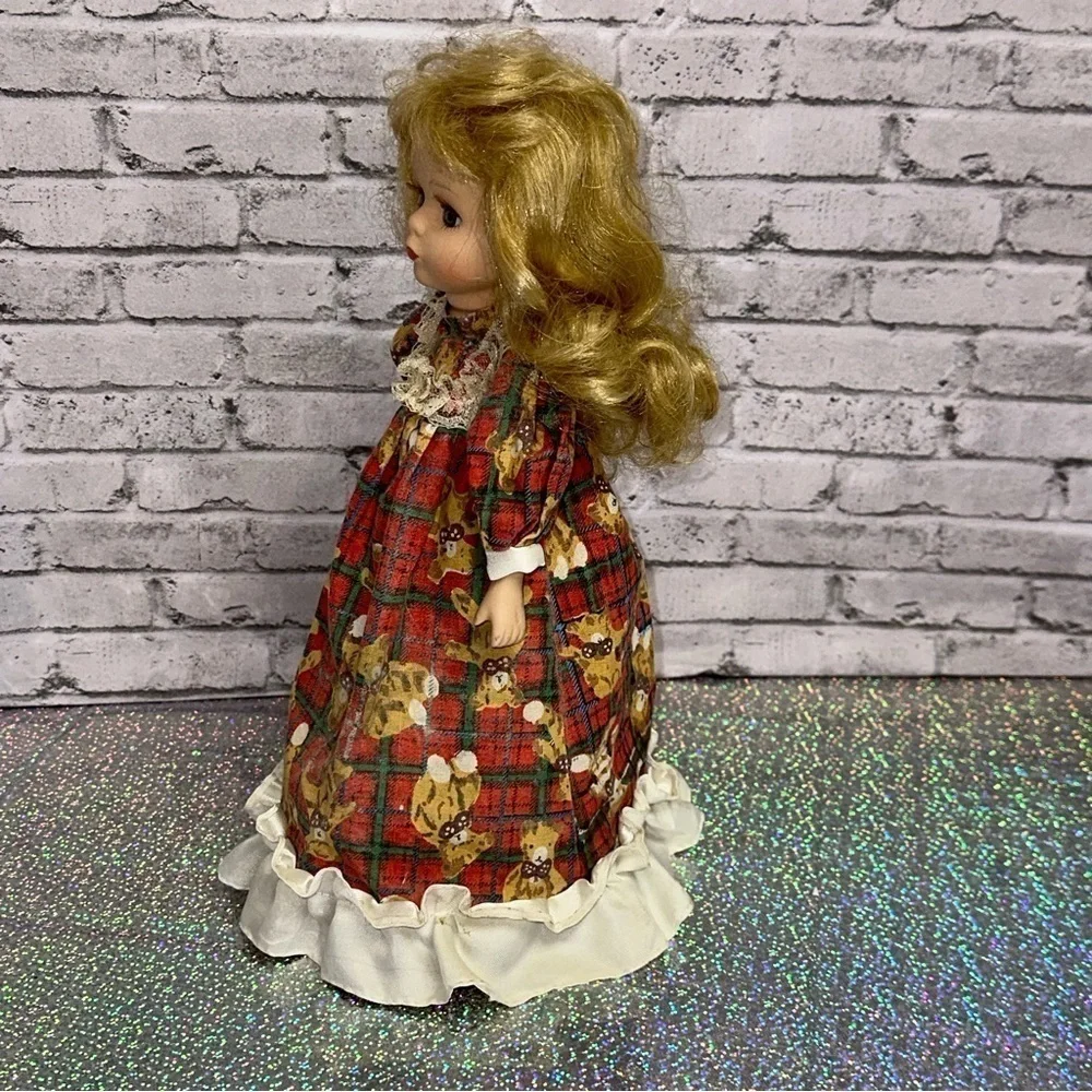 Christmas Tree Topper Porcelain Doll 12 in Blonde Hair Plaid Teddy Bear Dress